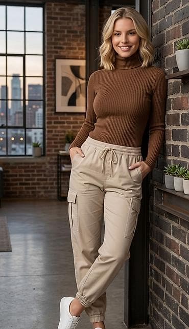 Komplet: Pantalone i Dzemper.Ženske cargo jogger pantalone – bež -