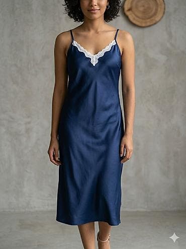 Svilena haljina u midi dužini, tamnoplave boje. Model sa tankim