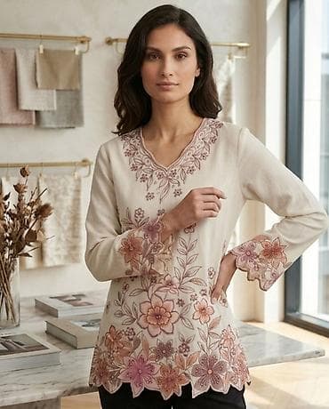 Ženska tunika/bluza sa vezom – svetla bež osnova sa bogatim cvetnim
