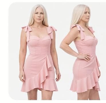 Sweatpants: Roze koktel haljina na bretele sa mašnama - Boja: puder roze - Kroj — 2