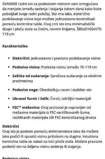 Nameštaj: Električni podesivi sto 160x80cm SVANEKE Električni podesivi sto sa — 4