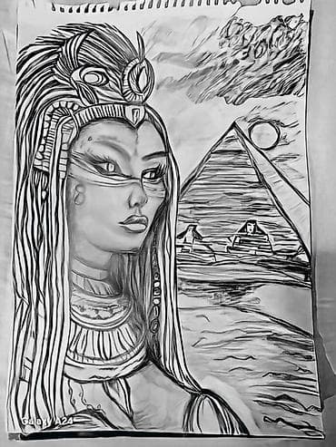 Umetnička crtež – Egipatska kraljica i piramide - Ručni crtež