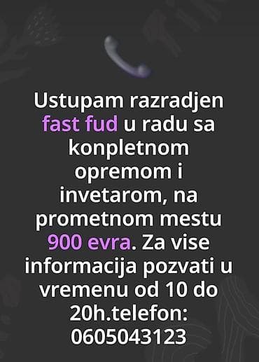 Ustupam razradjen fast fud u radu sa konpletnom opremom i invetarom