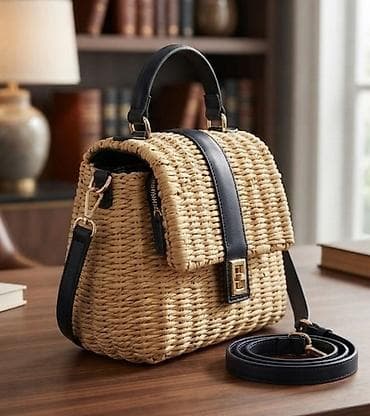 wedding accessories near me: Pletena torba od prirodnih vlakana sa detaljima od crne eko-kože - — 1