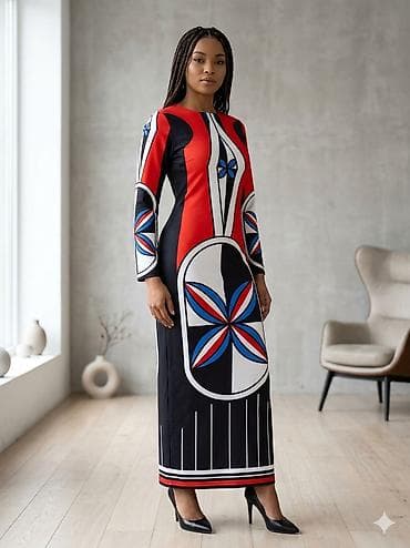 Duga haljina sa geometrijskim printom - Kroj: uska, ravna silueta do