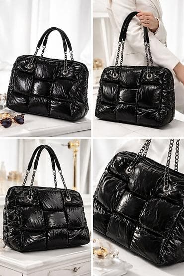 Crna ženska torba sa prošivenim „puffy“ kvadratima i sjajnim finišem