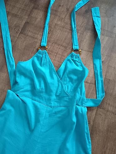 Kompleti, Kombinezoni: Laneni Ženski letnji kombinezon – tirkizna boja - Model: široke — 2