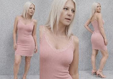 Ženska haljina na bretele – puder roze - Kroj: pripijena mini