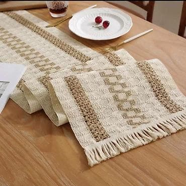 plasticne kutije: Bež-beli boho stolnjak (staza za sto) sa teksturom i resama — 2