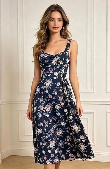 Ženska midi haljina s cvetnim printom - Kroj: midi dužina do ispod