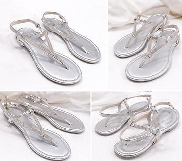 tirkizne sandale: Srebrne ženske ravne sandale sa trakama ukrašenim cirkonima. - — 2