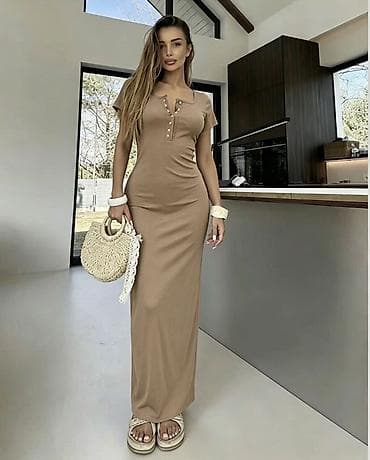 ✅Ženska maxi haljina sa kratkim rukavima i dekorativnim dugmadima