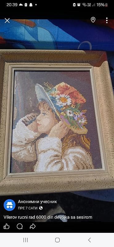 prodaja slika ulje na platnu novi sad: Vilerov ručni rad – “Devojka sa šeširom” - Tehnika: goblen/vezeni — 1