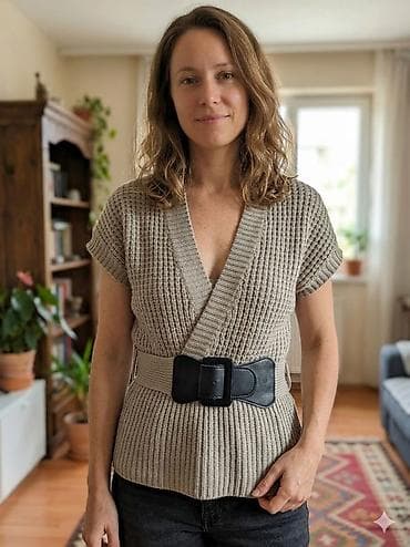 tech fleece bež: Pletena ženska bluza bez rukava sa V-izrezom i preklopom sprijeda — 1