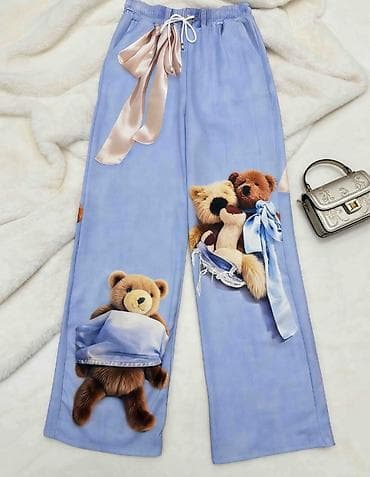 Pantalone: Pantalone siroke sa printom plišanih meda,ravne siroke nogavice,visok — 4