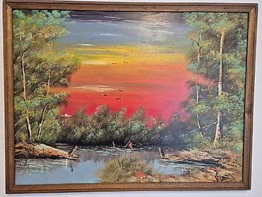 CANVAS Ulje na platnu – pejzaž sa zalaskom sunca Motiv: mirna rečica