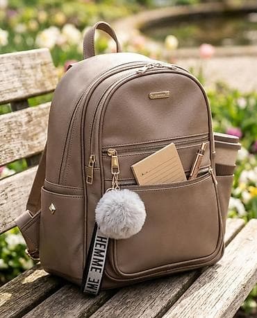 halji e: Elegantni ženski ranac – bež/taupe nijansa - Materijal: mekana eko — 1