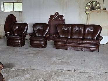 krevet trosed: Trosed + dve fotelje – komplet garnitura od prirodne kože - — 4