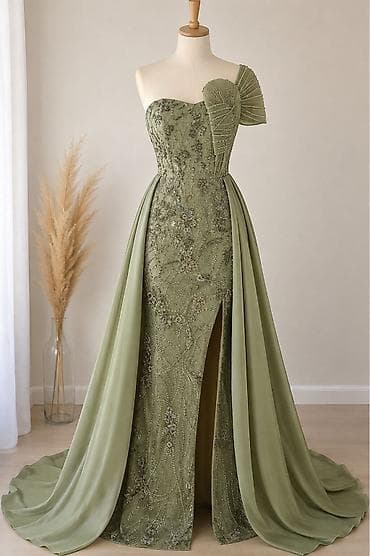 Elegantna večernja haljina S/M– maslinasto zelena - Kroj: asimetrični