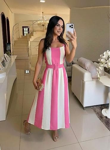 Muška odeća: 🔥Letnja midi haljina sa širokim vertikalnim prugama i pojasom ✨2700 — 1