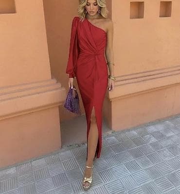 roza haljina: Elegantna asimetrična haljina na jedno rame sa prednjim visokim — 5