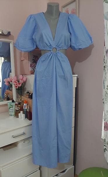 off white komplet: Plava midi haljina sa prstenom u struku - Kroj: midi dužina, A-linija — 1