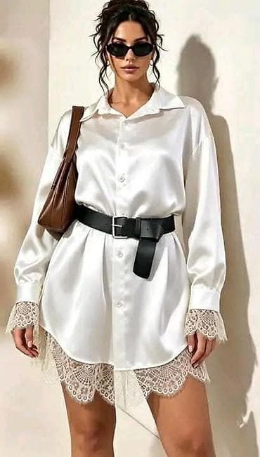boho stil haljine: Saten košulja/tunija sa čipkom. - Model: duga oversized — 2