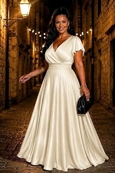 svilene bluze: Elegantna duga svečana haljina od satenskog sjajnog materijala — 8