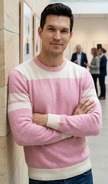 Muški džemper sa prugama – roze/belo - Kroj: klasičan pulover sa