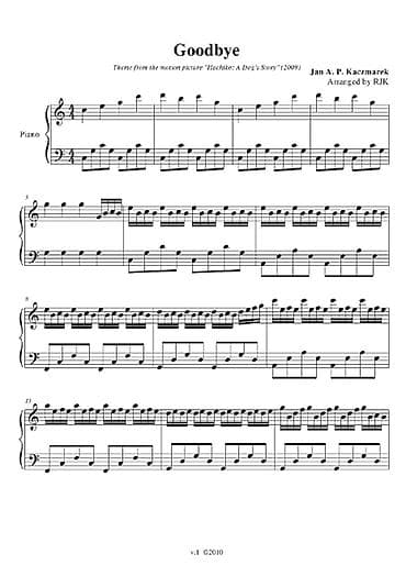 Notni zapis za klavir – “Goodbye” (tema iz filma “Hachiko: A Dog’s