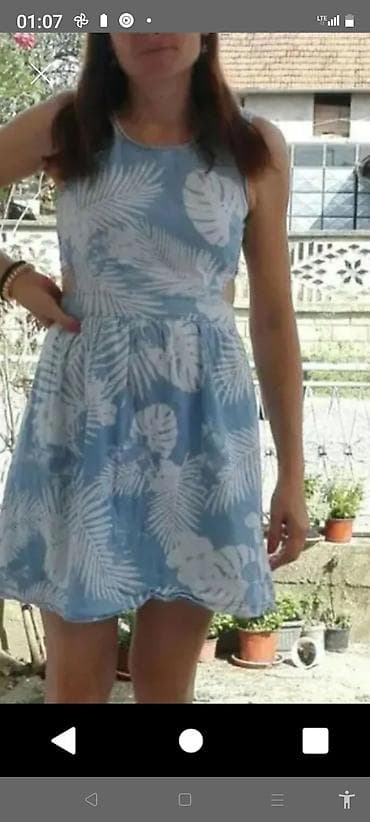 stvari za devojke: Letnja haljina bez rukava, svetloplave boje sa belim tropskim (list) — 1