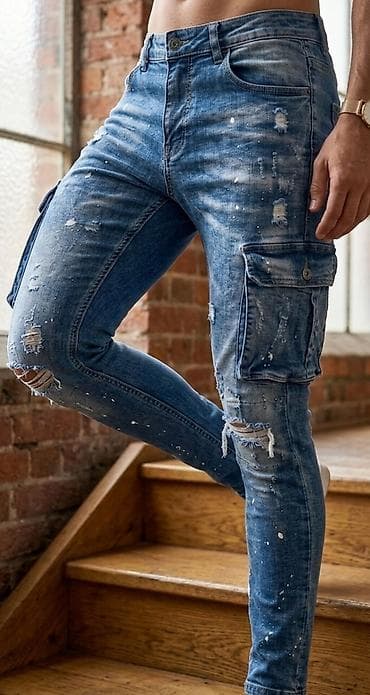 lakosta duks: Muške cargo farmerke – slim/skinny kroj - Materijal: klasičan plavi — 1
