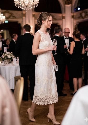 Elegantna midi haljina od satena sa čipkom - Boja: krem/ivory - Kroj