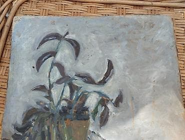 Ulje na ploči – mrtva priroda sa saksijom i jabukom - Tehnika: ulje