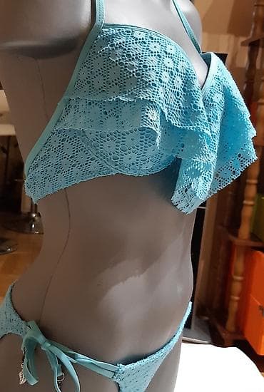 kupaci akcija: Ženski bikini komplet – tirkizno-plave boje, čipkaste teksture. - — 2
