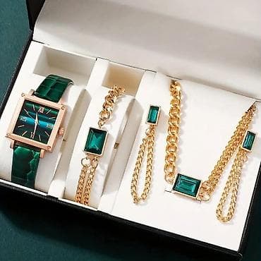 zenski prsten: Elegantni komplet nakita sa satom – zlatni ton i smaragdno zelene — 1