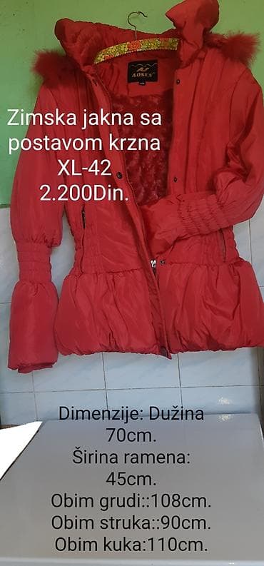 Ženska obuća: Zimska ženska jakna sa postavom od krzna, crvena. Veličina: XL / 42 — 1