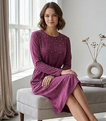 bele majice: Ženska midi haljina sa dugim rukavima u boji bordo/maline. Gornji deo — 1