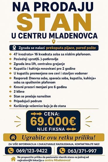 stanovi na prodaju vrbas: Na prodaju: stan u centru Mladenovca, preko puta pijace, pored pošte — 1