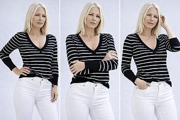 Kape i aksesoari: Prugasti ženski džemper s V-izrezom - Klasičan crno-beli dzemper sa — 3