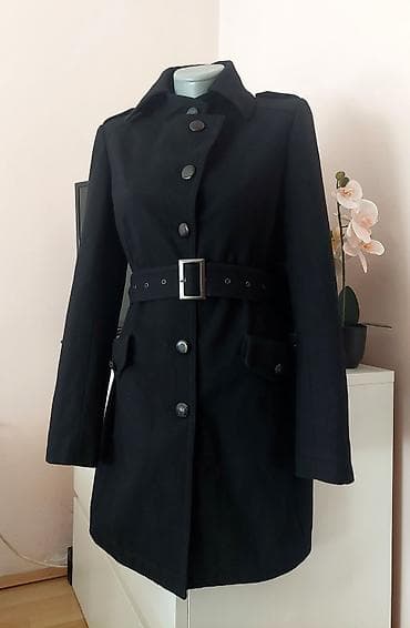 michael kors jakne: Ženski crni kaput sa kaišem - Klasičan, elegantan model do iznad — 4