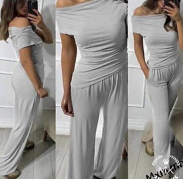 drapirana haljina: Komplet majica sa golim ramenima i siroke komotne pantalone na lastis — 2