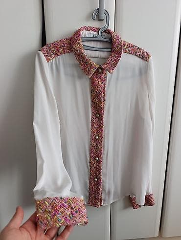 sofice: Elegantna bela ženska košulja sa unikatnim detaljima od šarenog tvida — 2
