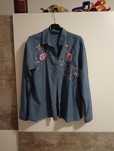 karirane košulje: Ženska denim košulja sa vezom - Materijal: lagani teksas (denim) — 1
