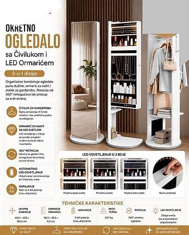 OKRETNO OGLEDALO SA ČIVILUKOM I LED ORMARIĆEM – BELO Moderan 3‑u‑1
