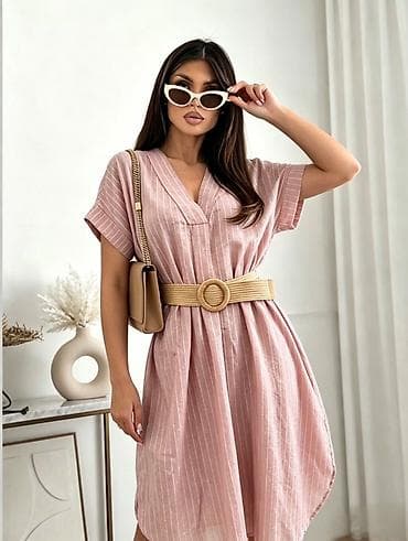 Ženska letnja haljina na pruge, midi dužine, sa V izrezom i kratkim