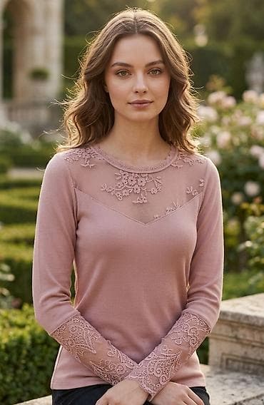 pull and bear bomber jakna: Ženska bluza sa čipkom – puder roze - Materijal: meka, rebrasta — 1