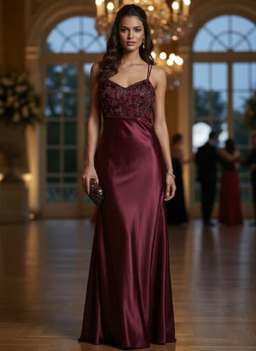 jordan max aura: Elegantna duga haljina – bordo/sedefasti sjaj - Kroj: duga, lepršava — 1