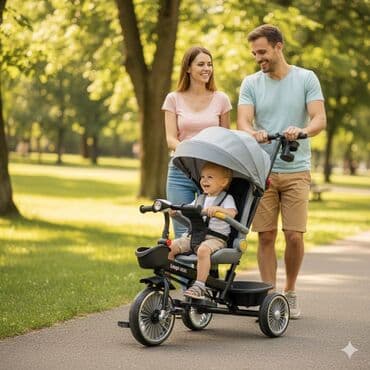 Dečiji tricikl 2-u-1 sa ručkom za roditelja i tendom - — 1