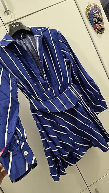 Men's Clothing: Plavo-bela košulja-haljina sa prugama - Model: košulja-haljina sa — 2